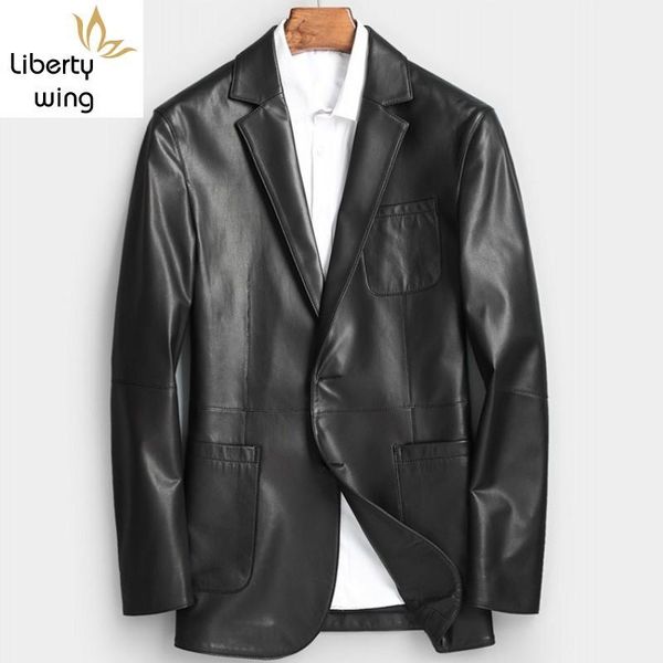 

men's leather & faux men cow fashion solid lapel collar genuine jacket single breasted blazer plus size m-4xl, Black