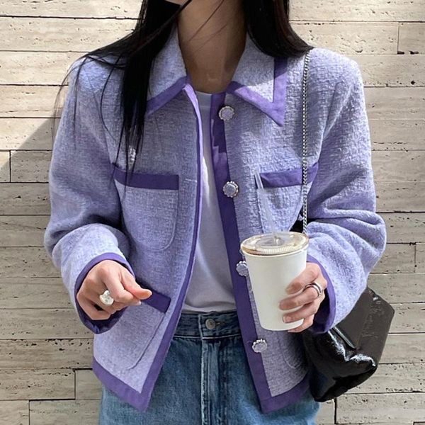 

women's jackets [ewq] korea chic elegant lapel color multi pocket loose button purple tweed jacket black slim coat women fashion 2021 a, Black;brown