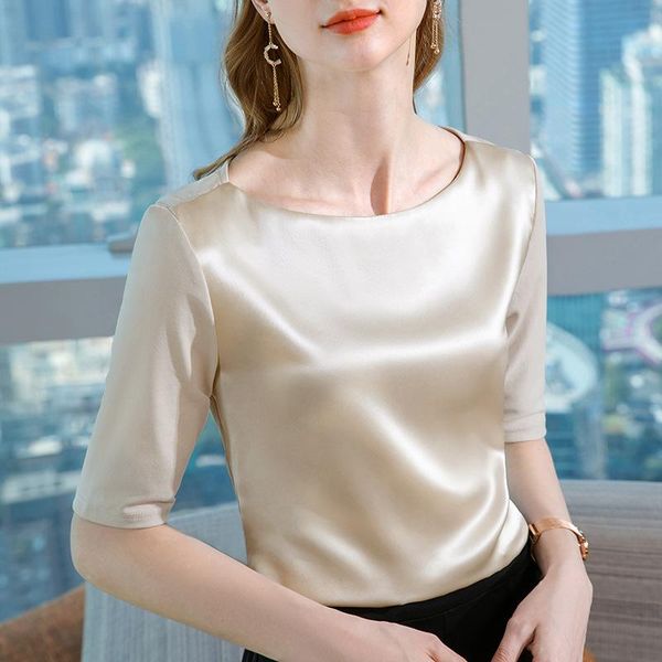 

women's t-shirt 5-sleeve 2021 early spring clothing acetic acid stitching half sleeve temperament solid round neck, White