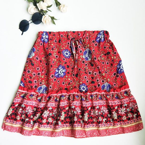 

skirts 2021 women summer boho floral printed mini pleated lady female casual beach party short skirt /by, Black