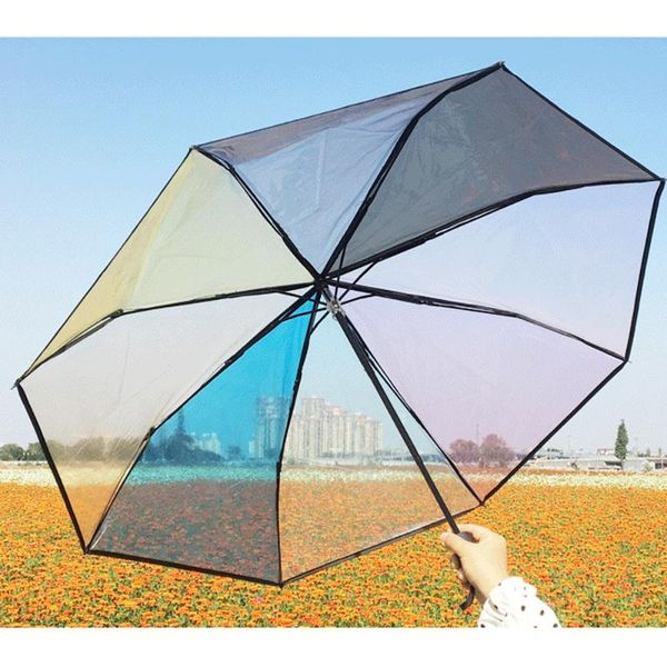 

umbrellas transparent plastic umbrella cute tri-fold long rainbow raining child