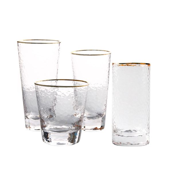 Top -Grade Hämmerte Glas Becher mit handbemaltem goldenen Rand klarer schwerer Basisbecher Restaurant Bar Party Trinkglaswaren