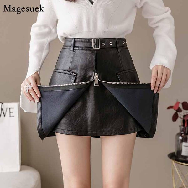 

skirts trend high waisted mini skirt front zipper pu leather women split short casual a-line black 12130