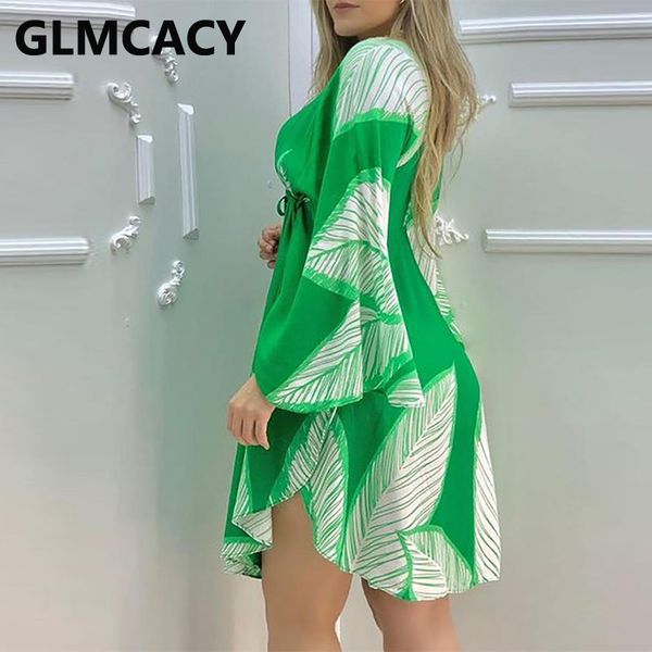 

2021women cape sleeve leaves print ruched dress, Black;gray