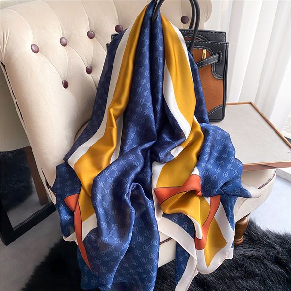 

cash silk scarf shawl female imitation silk sunshade printing color matching satin rectangle four seasons new style, Blue;gray