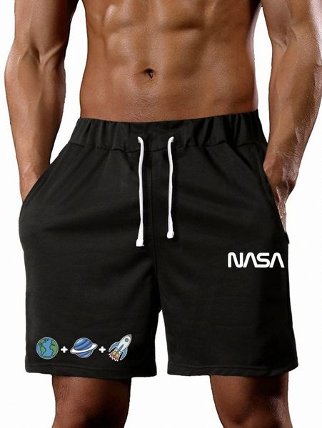 

men letter & rocket print drawstring waist shorts 76jp#, Black