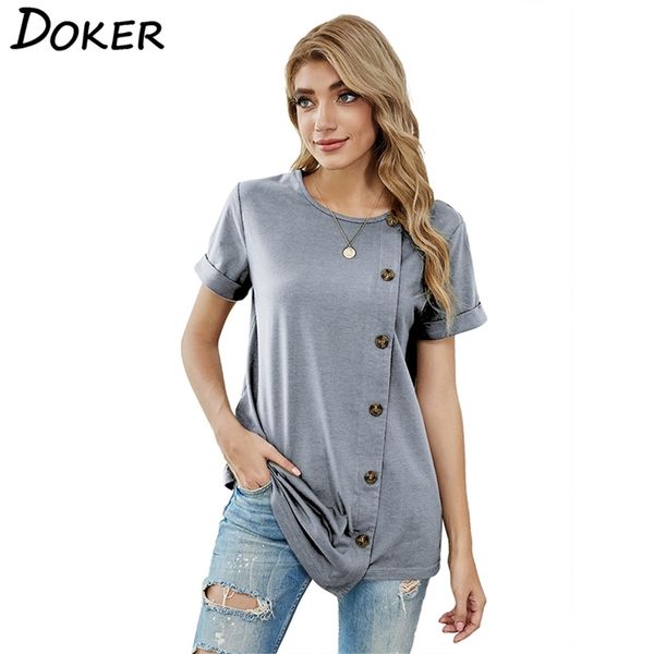 

summer solid color breasted homewear short sleeve women casual o neck plus size t shirt female ropa de mujer 210603, White