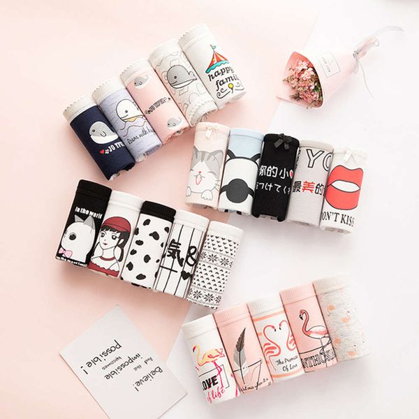 

5pcs/set cartoon cute animal women's panties soft cotton seamless underwear briefs girls sanitary pants lingerie, Black;white