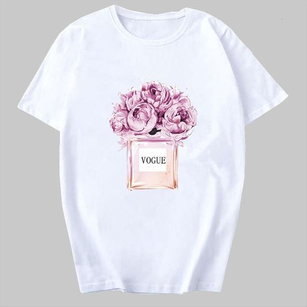 

clothes print flower perfume womens bottle sweet short sleeve harajuku female vogue casual woman tee, White