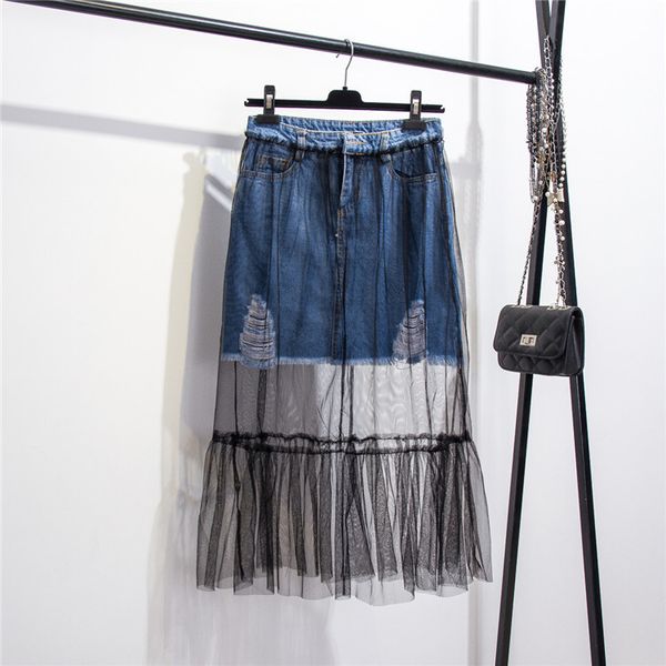 

in stock spring fashion women denim patchwork mesh skirt good design 210428, Black