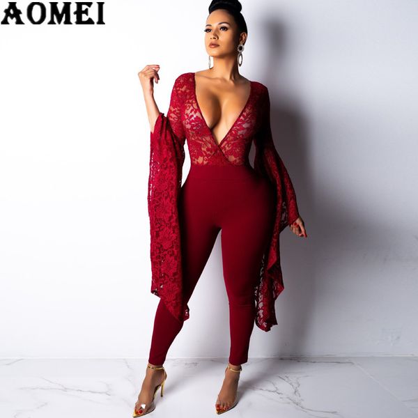 

women lace overalls jumpsuits deep v neck long loose flare sleeves lady slim sheath femme transparent fashion spring summer 210416, Black;white