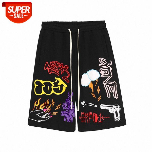 

fun graffiti print casual short pants men's street loose straight five-point #oi1z, Black
