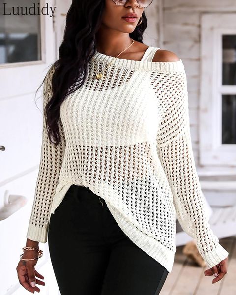 

women's sweaters women solid long sleeve hollow out sweater, White;black