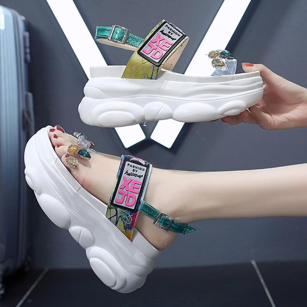 

women platform chunky sandals brand fashion wedge shoes for woman 7cm yellow designers buckle strap gladiator sandal summer 2021, Black