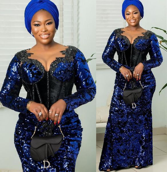 

2021 plus size arabic aso ebi royal blue sparkly prom dresses lace beaded sheer neck evening formal party second reception bridesmaid gowns, Black