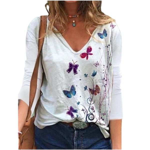 

women's t-shirt spring autumn cotton t-shirts women large loose butterfly vintage full long sleeve woman tshirts plus size, White