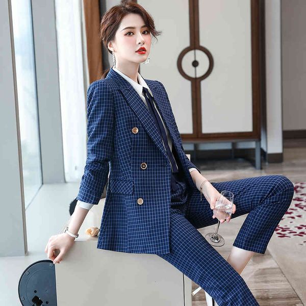 

pant fashion ladies suit blue damasco double plaid blazer work 2 piece joint, White