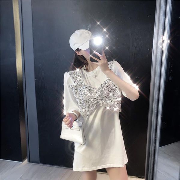 

women's t-shirt show thin film net price ~ wind easing languid is lazy false two sequined vest skirt round neck, White