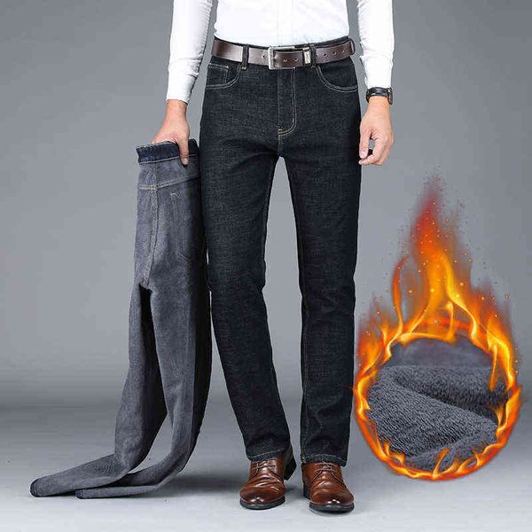 

men's jeans fashion warm jeans men's winter black elastic plush straight tube youth casual denim pants close to the, Blue