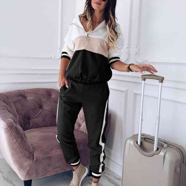 

pant sets 2pcs sport women color block zip hoodie elastic waist ankle tied pants tracksuit womens clothing, White