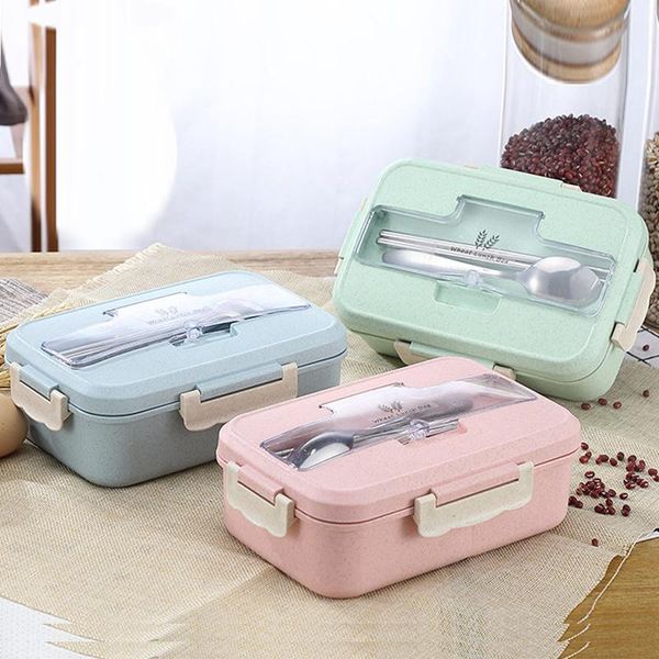 

microwave lunch box wheat straw dinnerware with spoon chopsticks storage container children kids school office bento sets