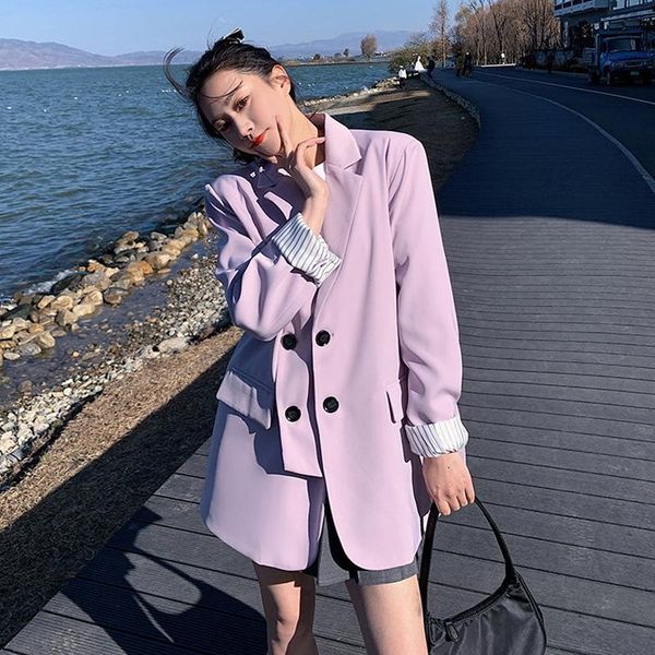 

women's suits & blazers [ewq] korea chic temperament purple blazer autumn 2021 notched loose double breasted split long sleeve suit jac, White;black