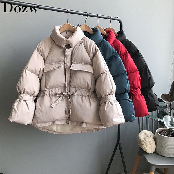 Solide Mode Frauen Parka Mantel Elastische Taille Taschen Stilvolle Jacke Winter Sammlung Reißverschluss Verdicken Warme Mäntel Oberbekleidung Dame 210414