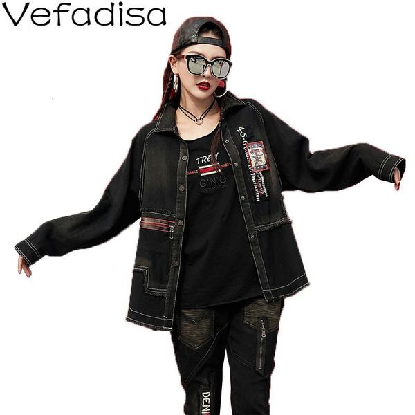 

women's jackets vefadisa black print denim jacket woman 2021 autumn winter lapel covered button pockets loose qyf1450, Black;brown