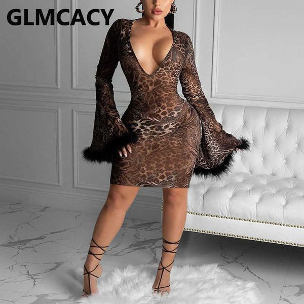 

women flare sleeve v neck bodycon dress leopard mini dresses 210702, Black;gray