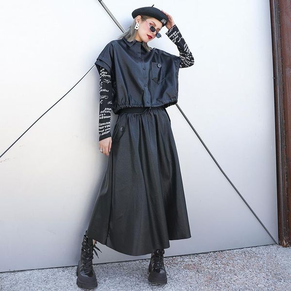 

two piece dress johnature autumn 2021 fashion pu leather set and skirt streetwear black turn-down collar women outfits clothes, White