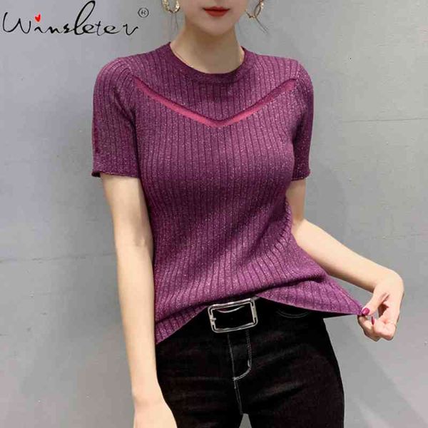 

women's t-shirt spring knit women stretchy tshirt fashion shiny patchwork transparent female casual shirts bottoming shi, White