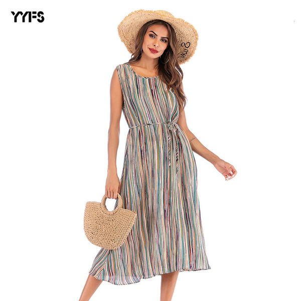 

gradient chiffon stripe round neck vest suspender dress women's summer, Black;gray