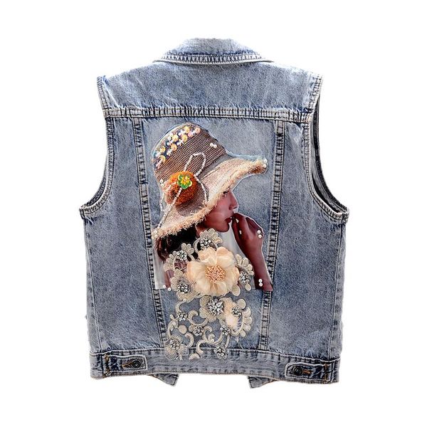 

women's vests style denim vest coat women korean diamonds flower waistcoat female jeans jacket woman short sleeveless, Black;white