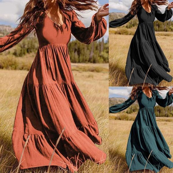 

women fashion long dress lantern sleeve art retro pure color elegant highlight temperament round neck autumn warm1, Black;gray