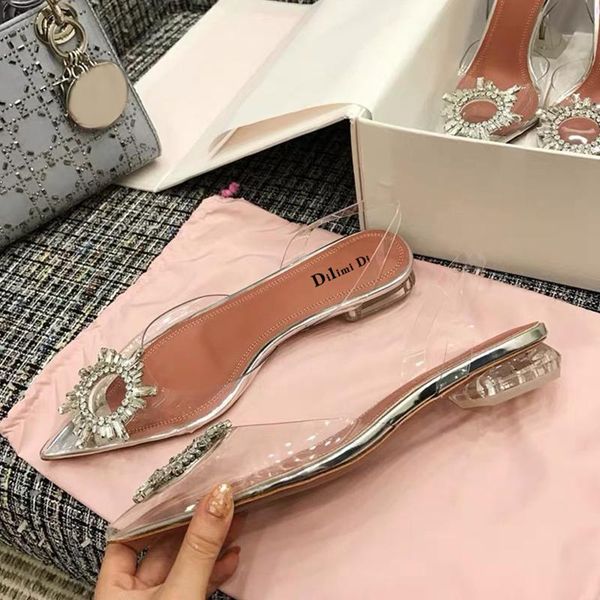 

women fashion transparent sandals pointed toe flat shoes woman rhinestone dress wedding clear, Black