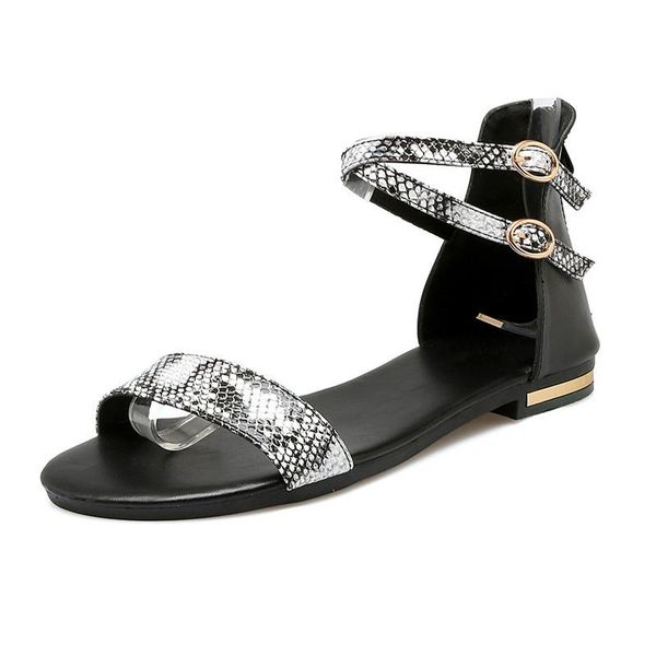 

summer women sandals genuine leather flat heel flip flops casual ankle strap snake print gladiator shoe woman, Black