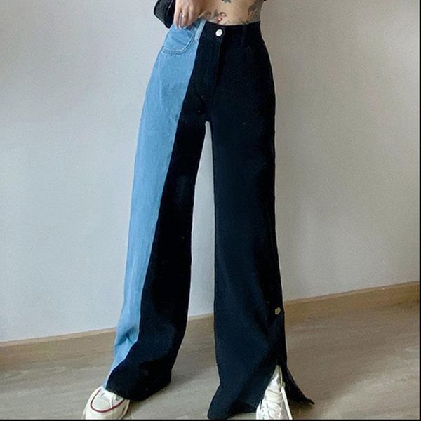 

autumn korean retro casual two women jeans color stitching denim trousers spring high waist straight wide leg pants kz278, Blue