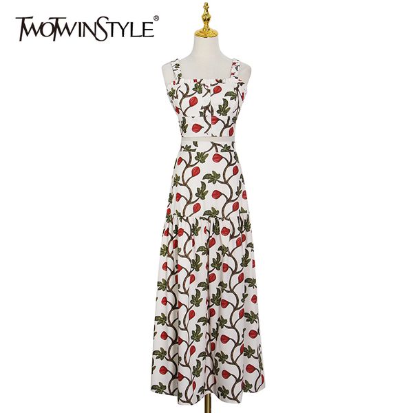 

summer print two piece set for women square collar sleeveless a line skirts hit color sets female fashion 210423, White