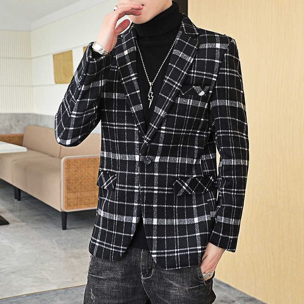 Coréen Hommes Blazers Plaid Mariage Business Blazer Slim Masculin Street Wear Social Casual Robe Manteau Tuxedo Party Vêtements 210527
