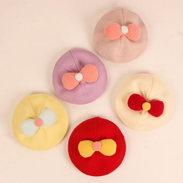

caps & hats cute lovely autumn winter kids girls berets bowknot beanies fashion knitted cotton toddler, Yellow
