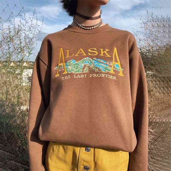 Вышитая буква Pattern Урожай коричневый Crewneck Толстовка женщин Негабаритные Зимние Топы Бренд Дизайн Мода Подросток Одежда для девочек 210728