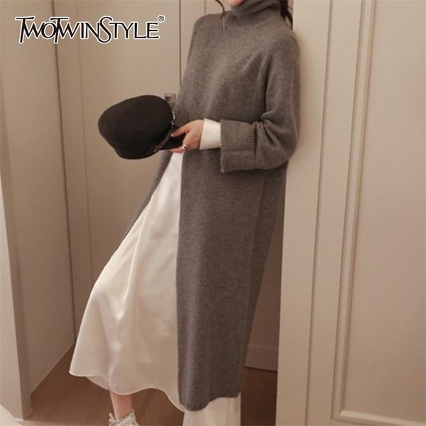 

casual front split knitted pullovers for women turtleneck long sleeve loose gray sweater female fashion 210524, White;black