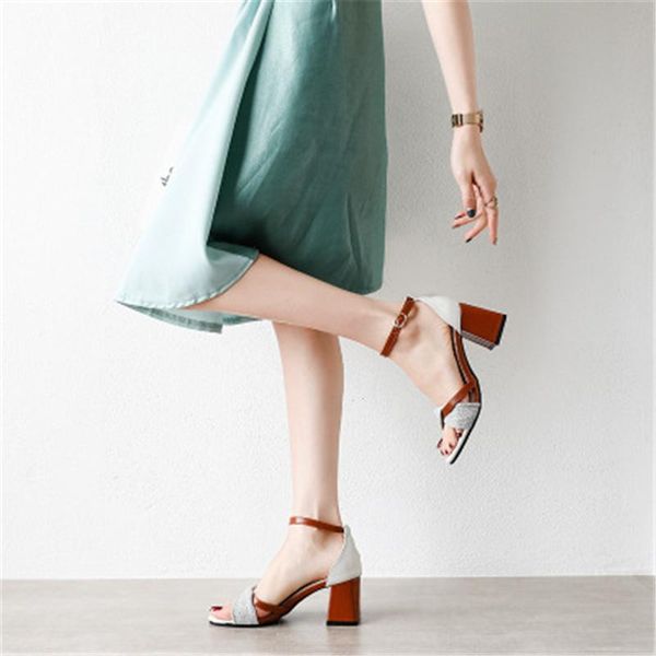 

sandals women's 2021 summer round toe thick heel one word buckle high, Black