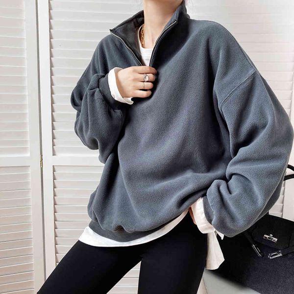 

autumn and winter stand collar fleece sweater female design sense of zipper plush 259, Black