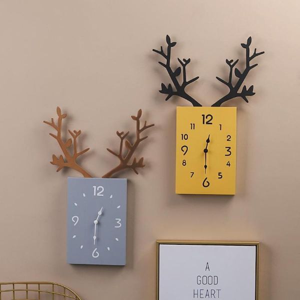 

wall clocks nordic mute clock with wooden antlers home decorative hanging watch living room decoration lovely ornaments