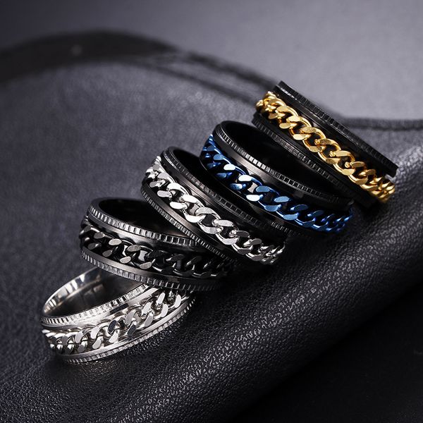 

cool stainless steel rotatable men couple ring spinner chain rotable rings punk women man jewelry for party gift, Silver