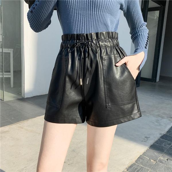 

leather shorts women high waist plus size wide leg short black autumn casual loose women's, White;black