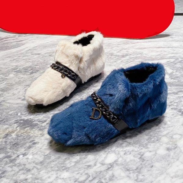 

boots handmade furry women snow blue slip on ankle booties platform rubber winter bottes metal d chains grey lady botines femmes, Black