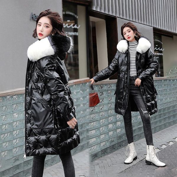 

women's down & parkas white duck jacket of female long heavy hair collar web celebrity han edition paint bright warm coat l8pt, Black