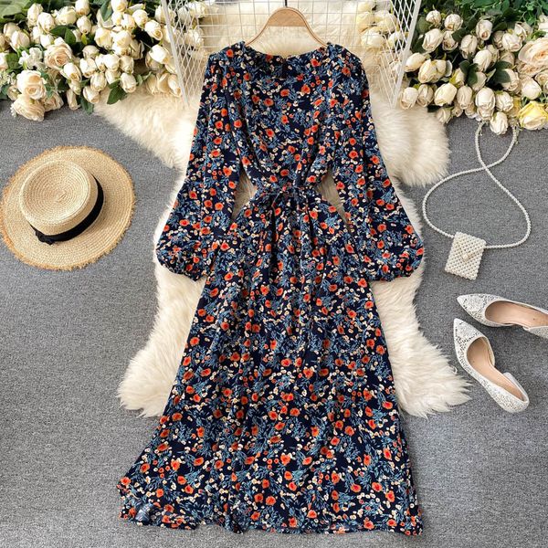 

autumn and winter french floral dress women temperament round neck tie waist was thin retro female 210514, Black;gray